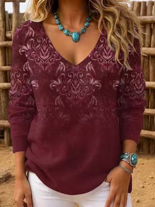 Shoulder V-neck Long Sleeve Pullover 3D Digital Printing Women's Top T-Shirt FF303430 03