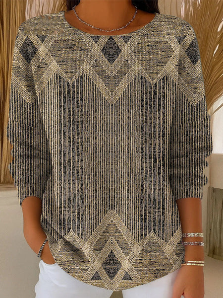 Haut à manches longues décontracté à col rond pour femme, impression numérique 3D m302157