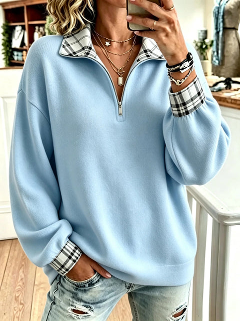 Plaid solid color printed women's semi-zipper stand-up neck sweater FF303402