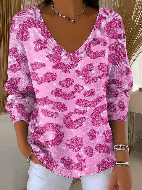 Shoulder V-Neck Long Sleeve Pullover 3D Digital Printing Women's Top T-Shirt m302616
