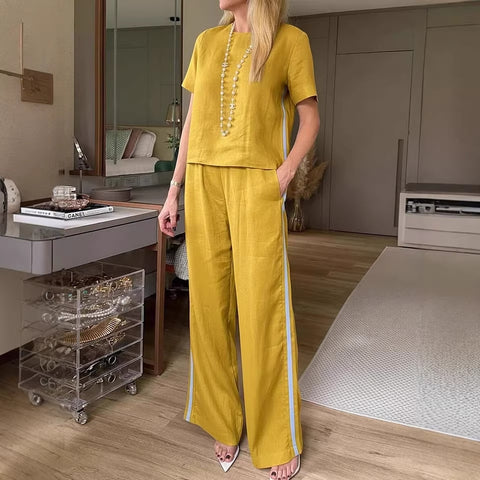 Crew neck pullover new trousers cotton and linen multi-color women's suit m302722