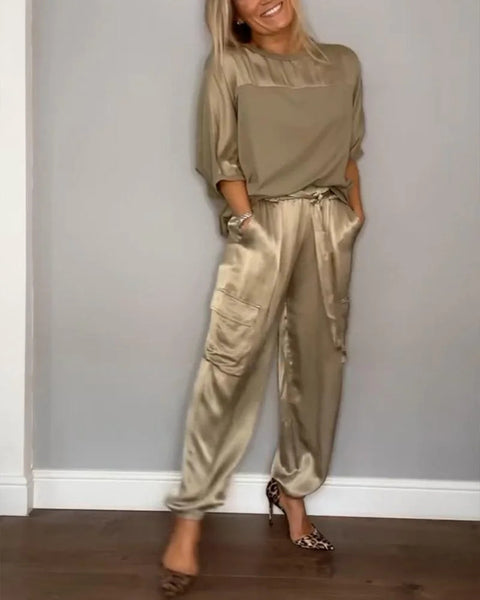 Women's smooth satin half-sleeved top and pants set two-piece set m301649