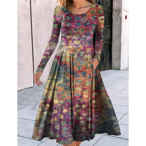 Robe ample à col ras du cou et manches longues, imprimé géométrique, style pendule, m300700 