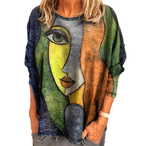 Großes Damen-T-Shirt mit Gesichtsdruck und langen Ärmeln, lockeres Damen-T-Shirt m300665 