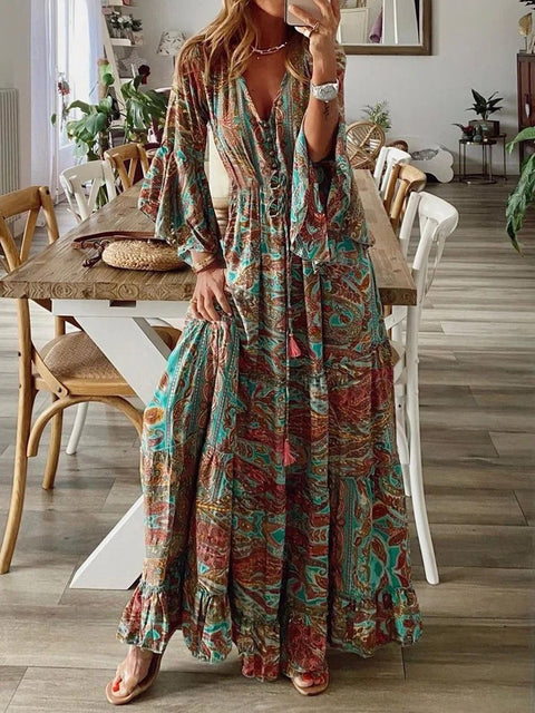 Robe de vacances bohème à manches évasées, imprimée, col en V, taille haute, m300709 