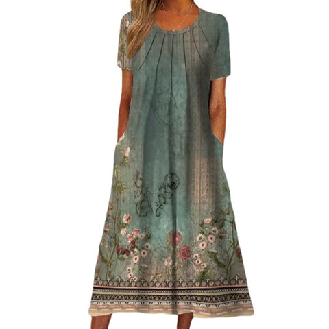Robe mi-longue élégante à manches courtes et imprimé poche M300198 