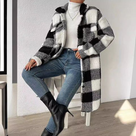 Veste à carreaux en peluche à revers ouvert pour femme, manteau long et ample, style banlieue, m300360 