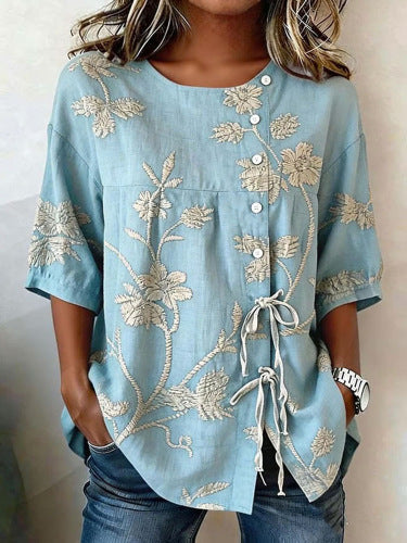 Color matching loose blouse five-button drawstring shirt m302758