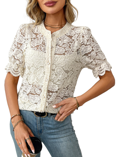 Ladies Summer Lace Short Sleeve Casual Shirt Button Shirt m302652