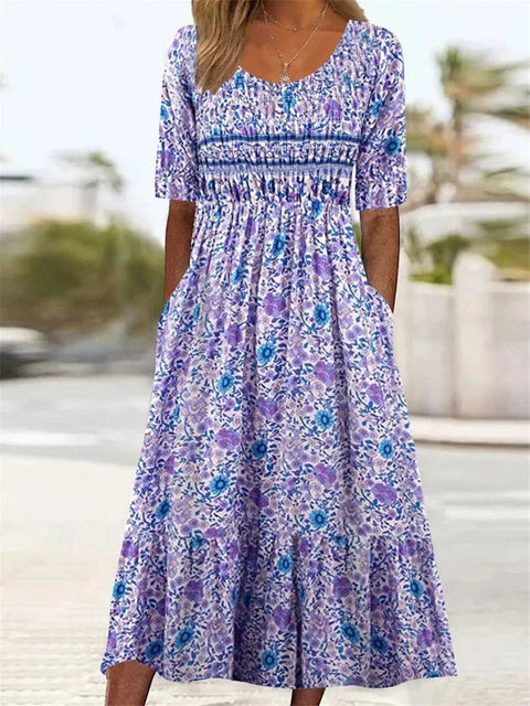 Robe longue décontractée à col ras du cou et manches courtes pour femme, imprimé 3D, taille plissée, style trapèze, m301299 