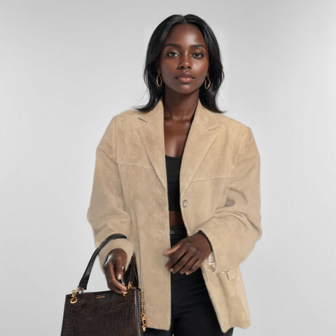 Blazer long ample marron rétro pour femme avec poches, manches longues, m301193