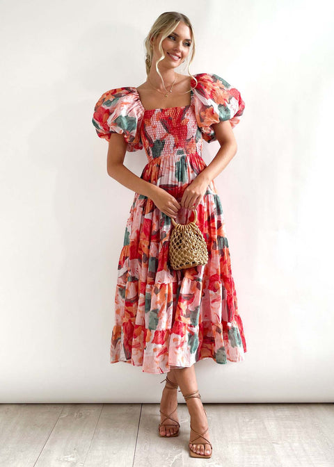 Robe longue imprimée à manches bouffantes et épaules dénudées pour femme M300282 