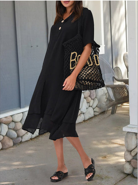 Robe littéraire en coton tissé et lin double épaisseur fendue à col en V m301247 