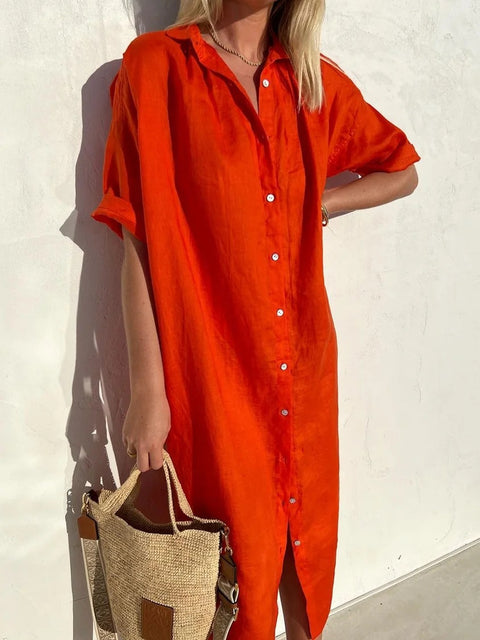 Robe chemise élégante, décontractée, ample, à manches courtes, en coton et lin, avec poches longues, m301256 