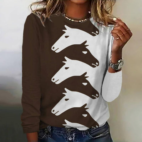 T-shirt col rond à imprimé tête de cheval créatif et tendance, grande taille, m300933 