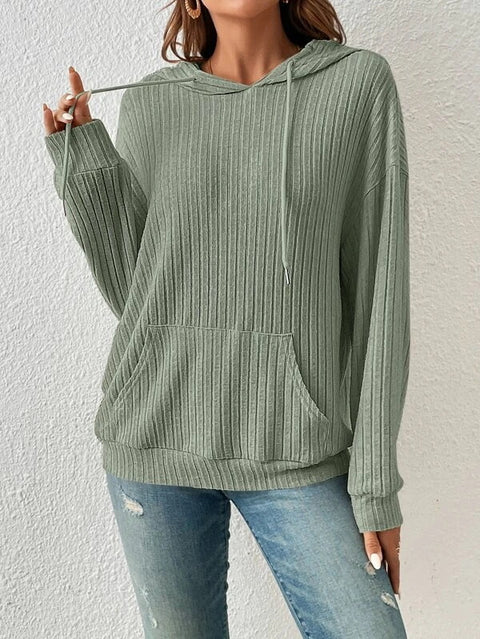 Damen-Strickpullover mit Kapuze, Pit-Streifen und Kängurutasche, m300525 