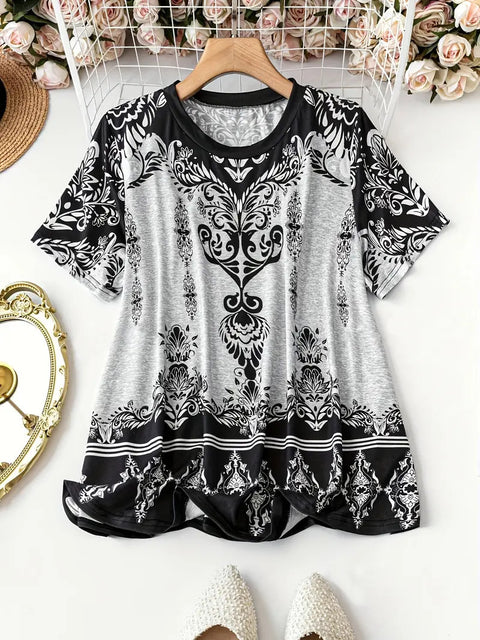 Kurzarm-T-Shirt aus Baumwolle mit Retro-Print im Frühjahr, neues, vielseitiges Rundhals-Shirt mit Bodenbildung m301287 