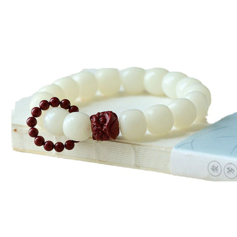 Bracelet en perles de jade blanc naturel Bodhi Root, perles de cinabre, éveil du lion, disque portatif, bracelet de jeu à la main, anneau de course souple pour doigt féminin m3331301