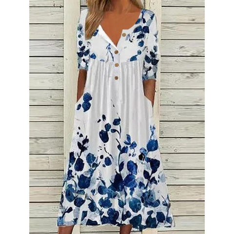 Bedrucktes Kurzarmkleid mit V-Ausschnitt, Knöpfen, Damentaschen und langem Rock m300028 