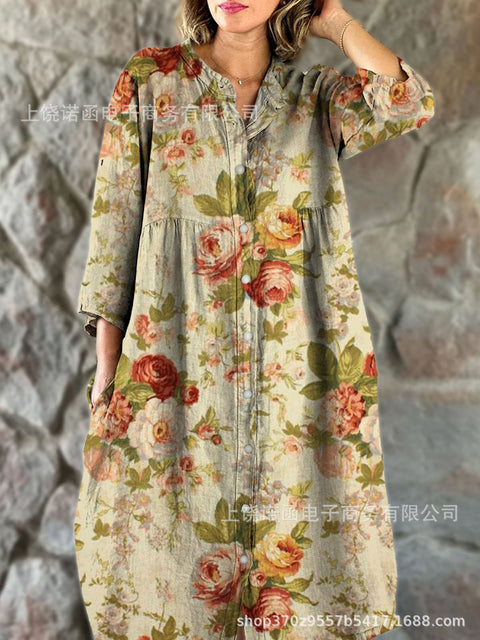 Robe chemise ample à col ras du cou et manches longues pour femme, imprimée, de qualité supérieure, m301050