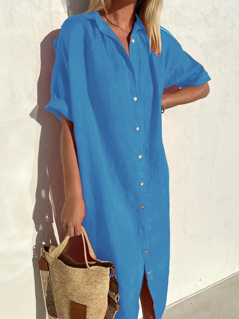 Robe chemise élégante, décontractée, ample, à manches courtes, en coton et lin, avec poches longues, m301256 