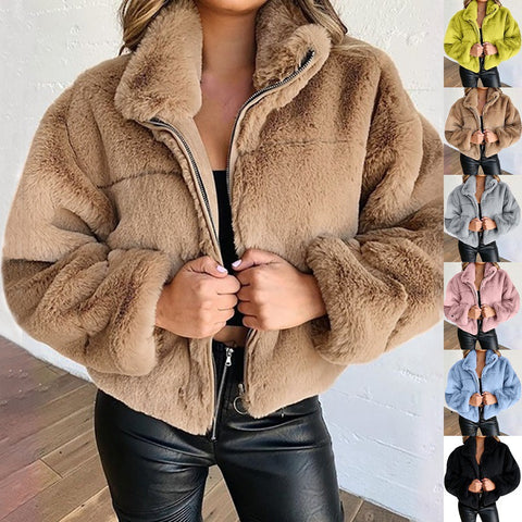Cardigan zippé en fausse fourrure de lapin pour femme, veste chaude en peluche, automne et hiver, m300353
