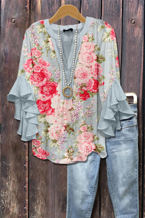 Kreativer Digitaldruck mit Blumenelementdruck, lässiger Trend, V-Ausschnitt, Lotuskante, T-Shirt m301352 