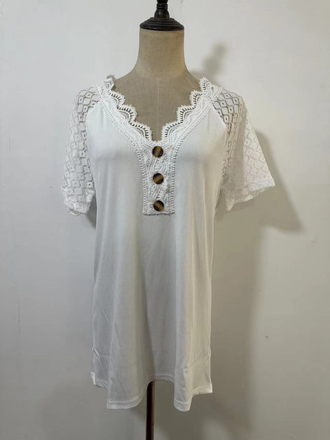 Pull confortable et décontracté à manches courtes et col en V avec coutures en dentelle M300159 