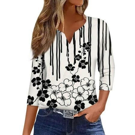Col en V, manches sept-quarts à trois boutons, imprimé floral, vêtements amples pour femmes à la mode et décontractés m300565 