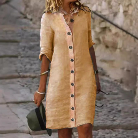 Robe en coton et lin à col chemise et manches mi-longues, grande boucle ronde M300218
