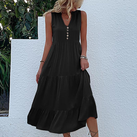 Robe d'été populaire à jupe plissée sans manches, ample, col en V, moyenne et longue, m300851 