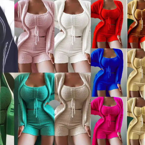 Plüschiges dreiteiliges Pyjama-Set mit Schnürung, lässiges Loungewear-Set, m301066 