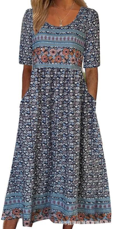 Robe longue décontractée à col ras du cou et manches courtes pour femme, imprimé 3D, taille plissée, style trapèze, m301299 