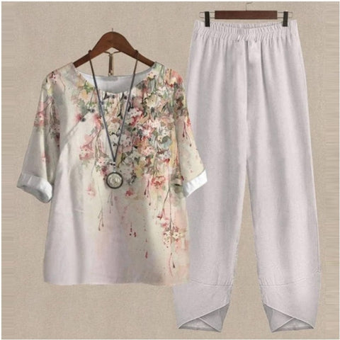 Zweiteiliges Set aus bedrucktem Oberteil und Hose mit geteilten Ärmeln, m300036 