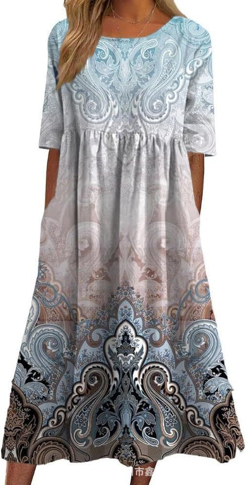 Robe longue décontractée à col ras du cou et manches courtes pour femme, imprimé 3D, taille plissée, style trapèze, m301299 