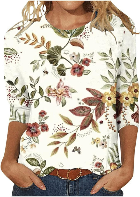 Pull ras du cou à manches sept-quarts et imprimé 3D de fleurs et de plantes m300615 