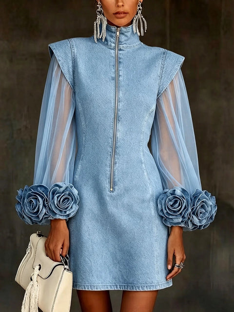 Fashion mesh stitching denim flower dress FF303453