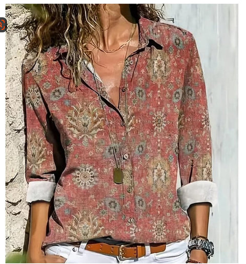 Chemise en lin à manches longues et boucle pour femme, motif abstrait imprimé numérique 3D, M301277 