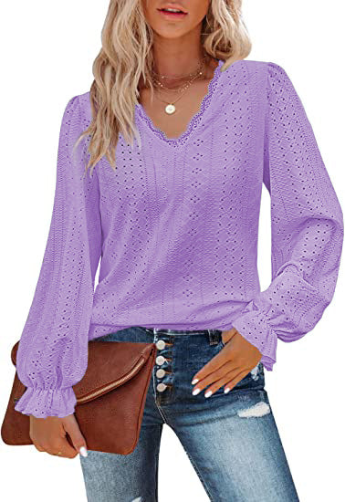 V-Ausschnitt Hohl Casual Plissee Ärmel Top Shirt Herbst m300647