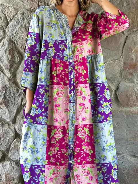 Robe chemise ample à col ras du cou et manches longues pour femme, imprimée, de qualité supérieure, m301050