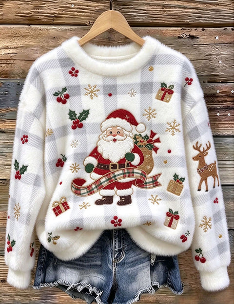 Christmas cartoon old man reindeer print flannel women sweater FF303511