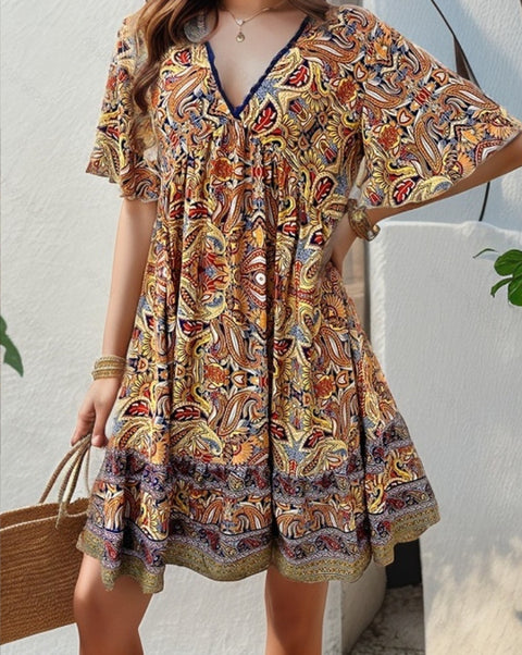 Robe décontractée à col en V imprimée pour les vacances de printemps et d'été M300211 
