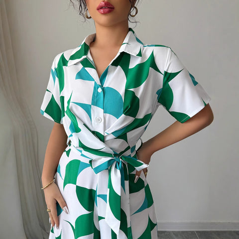 Bedruckter kurzärmliger Jumpsuit mit weitem Bein und Hose m301402 