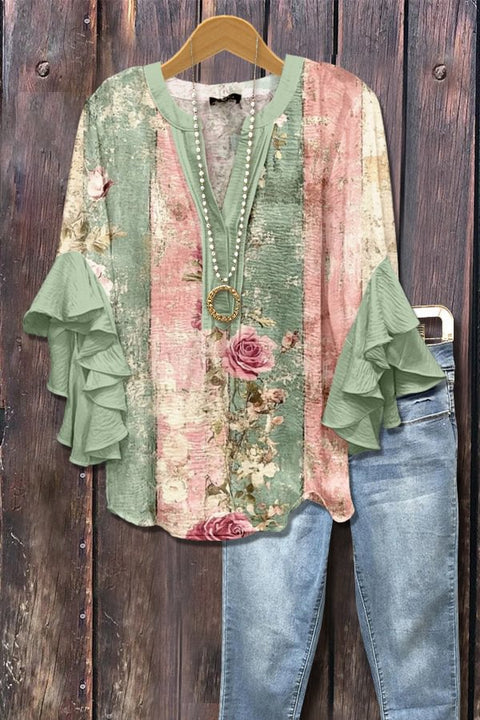 T-shirt à col en V et bordure lotus, imprimé floral créatif, impression numérique, tendance décontractée, m301358 