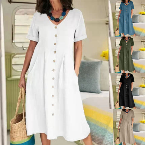 New solid color loose high waist cotton and linen dress m301192