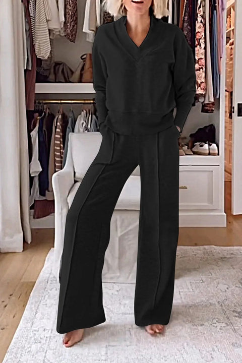 Zweiteiliges Set mit V-Ausschnitt, langärmeligem, lockerem Oberteil und Hose mit weitem Bein, m301327 