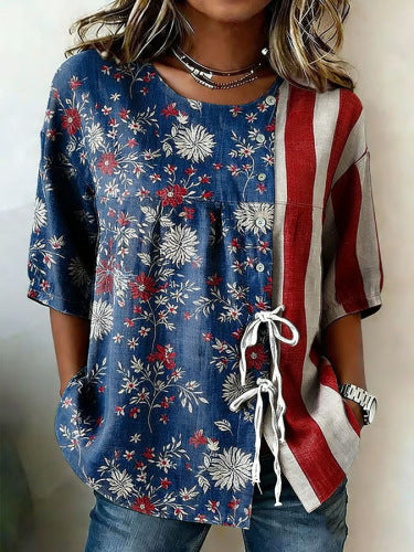Color matching loose blouse five-button drawstring shirt m302758