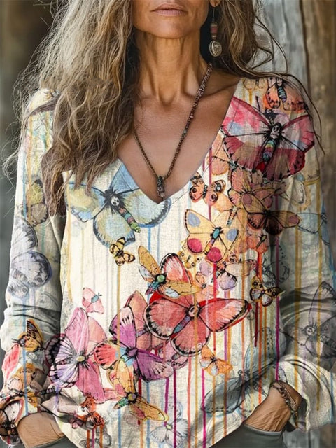 Casual V-neck long-sleeved pullover loose digital printing women's top T-shirt m301741
