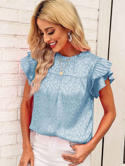 Haut polyvalent à manches longues et col ondulé pour femme, imprimé feuilles de lotus, M300881 