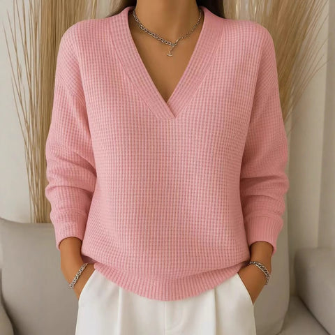 Women's Casual Loose Fashion Solid Color Waffle Long Sleeve Pullover M302343